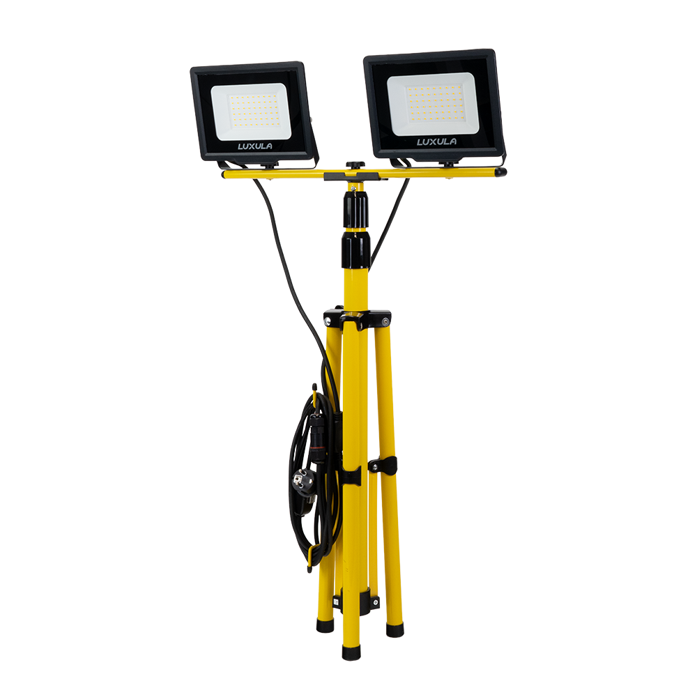 LED Baustrahler mit Stativ, 2x 50 W, 4000 K (neutralweiß), 10000 lm, IP65, Schutzkontaktstecker, Ein/Aus-Schalter