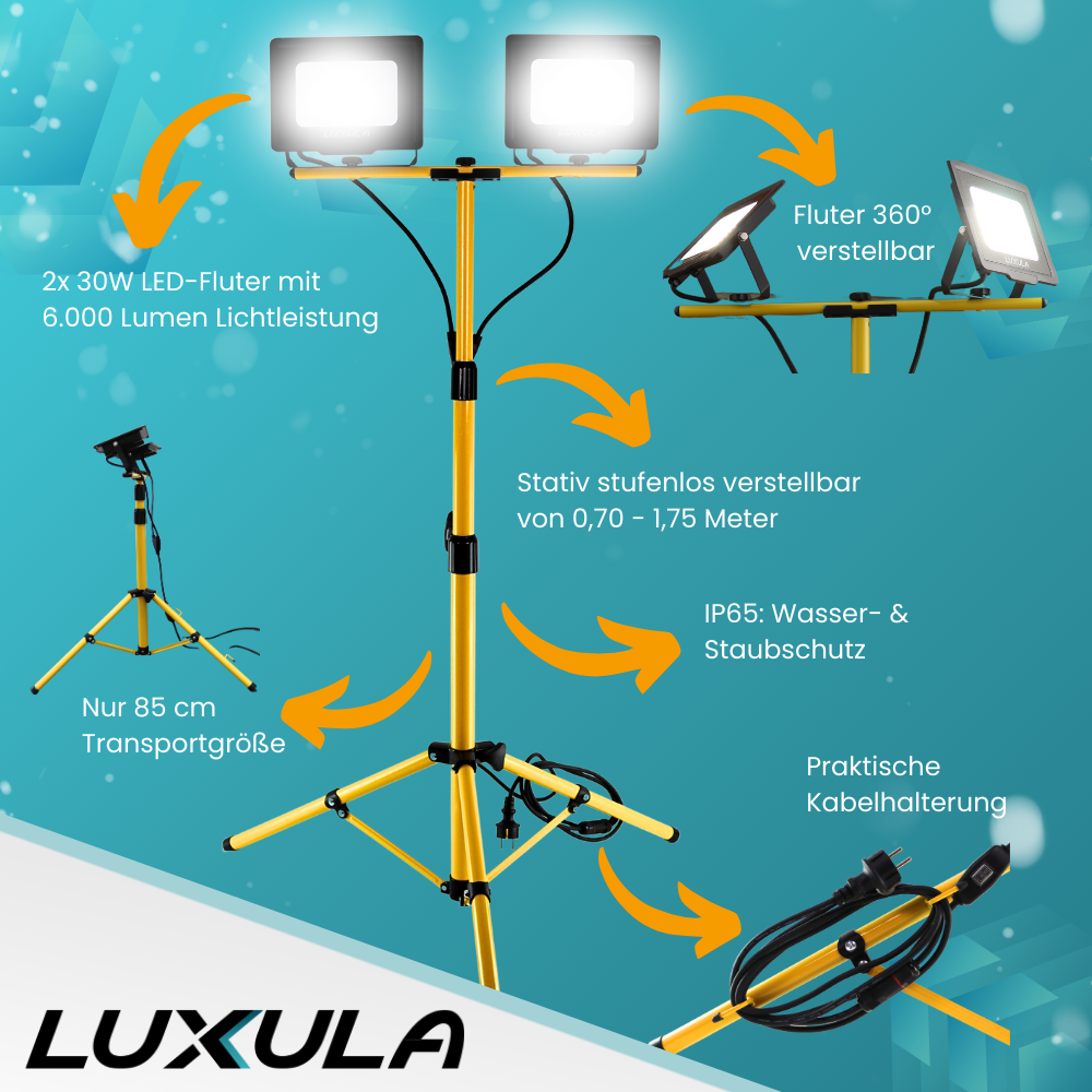 LED Baustrahler mit Teleskop-Stativ, 2x 30 W, 4000 K (neutralweiß), 6000 lm, IP65, Schutzkontaktstecker, Ein/Aus-Schalter.