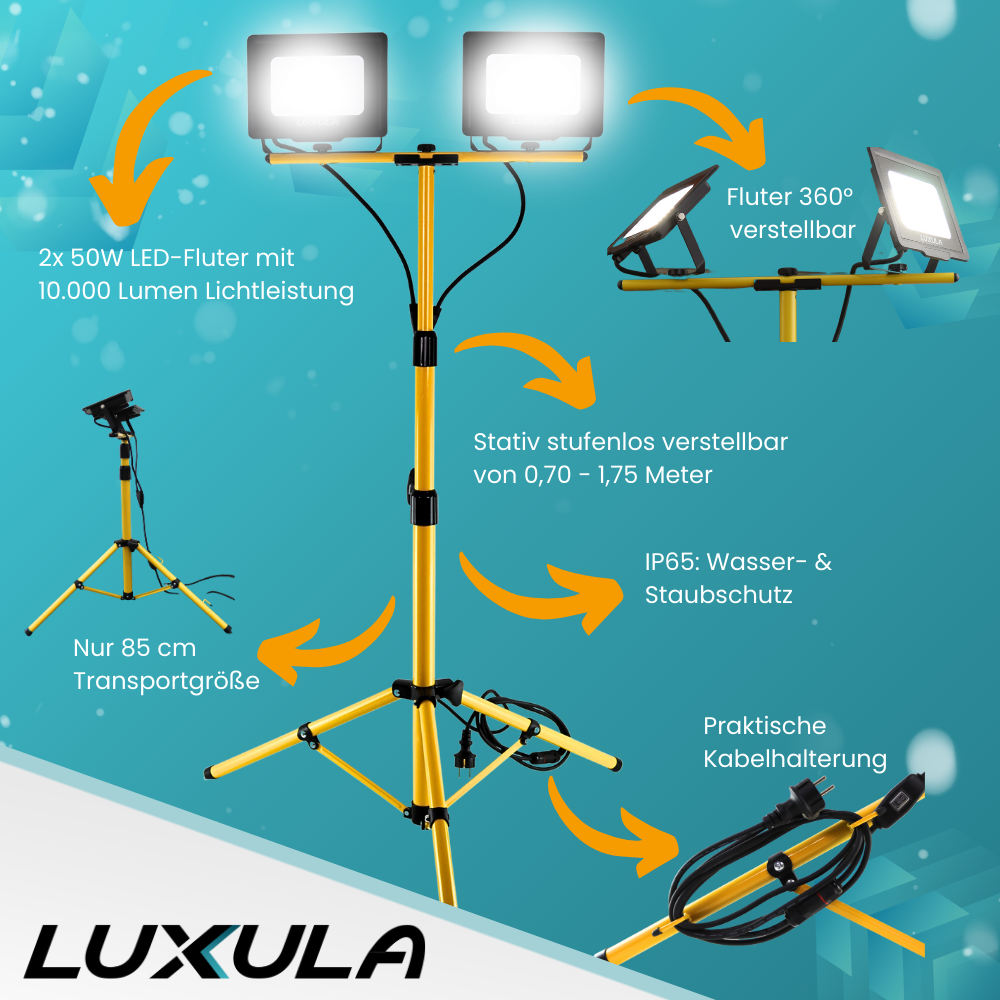 LED Baustrahler mit Stativ, 2x 50 W, 4000 K (neutralweiß), 10000 lm, IP65, Schutzkontaktstecker, Ein/Aus-Schalter.
