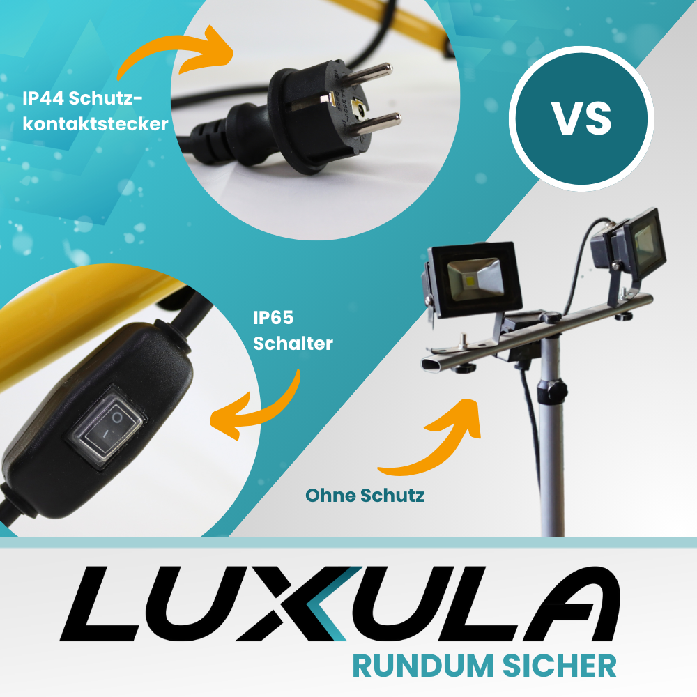 LED Baustrahler mit Teleskop-Stativ, 2x 30 W, 4000 K (neutralweiß), 6000 lm, IP65, Schutzkontaktstecker, Ein/Aus-Schalter.