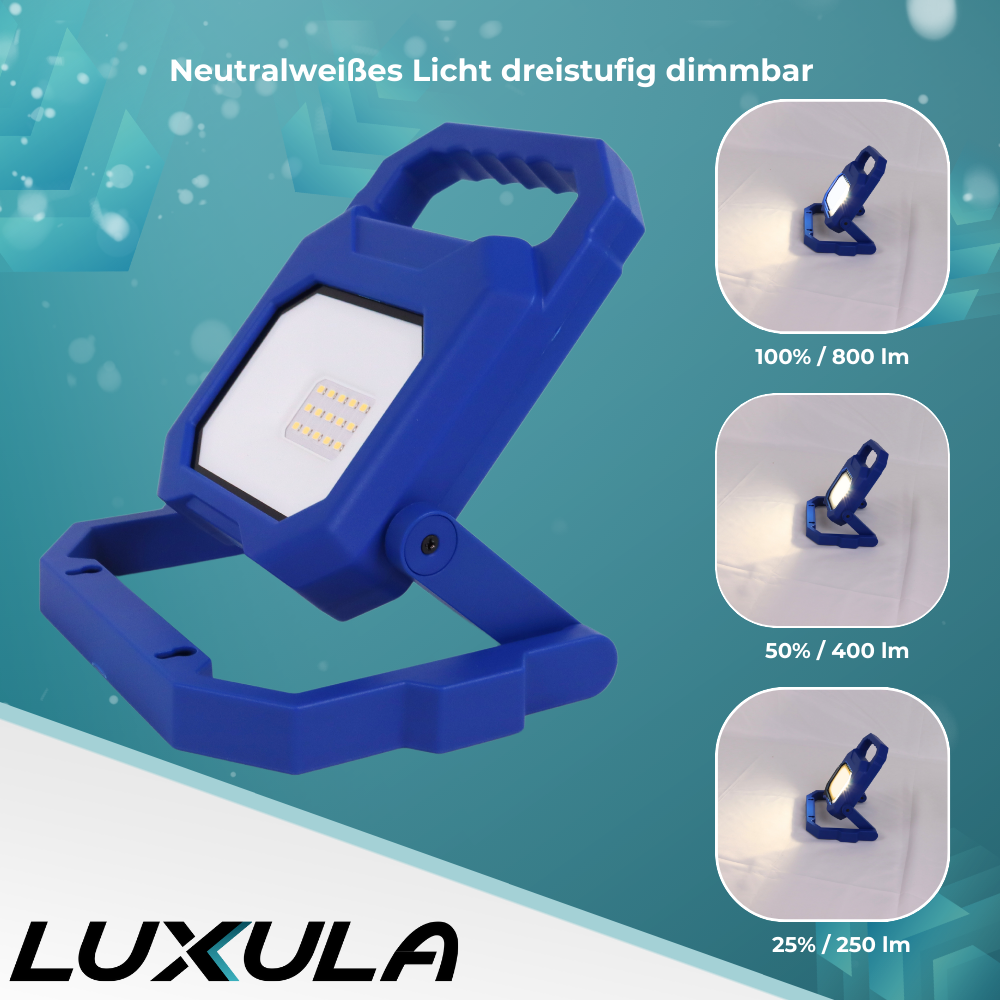 LED Baustrahler mit Akku, faltbar, 6 W, 800 lm, 4000 K (neutralweiß), IP54, 7 Stunden Lichtzeit, USB In- und Output, flexible Arbeitsleuchte.