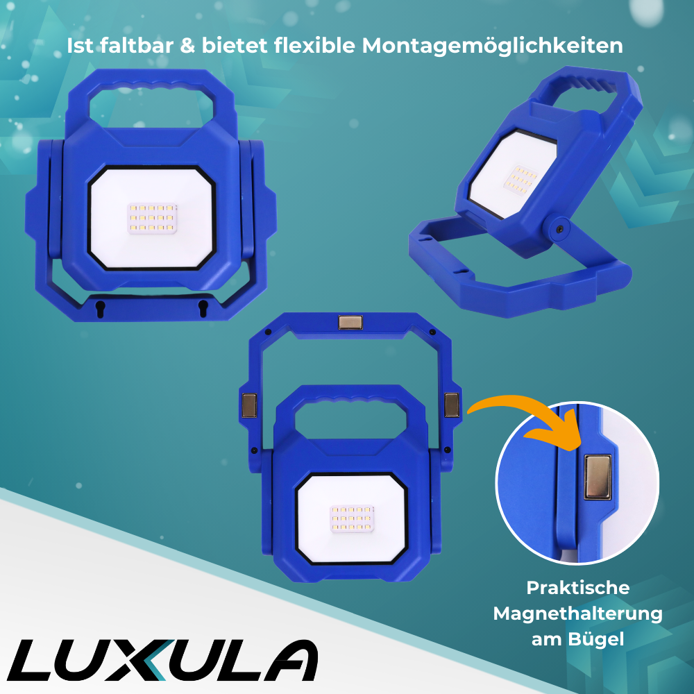 LED Baustrahler mit Akku, faltbar, 6 W, 800 lm, 4000 K (neutralweiß), IP54, 7 Stunden Lichtzeit, USB In- und Output, flexible Arbeitsleuchte.