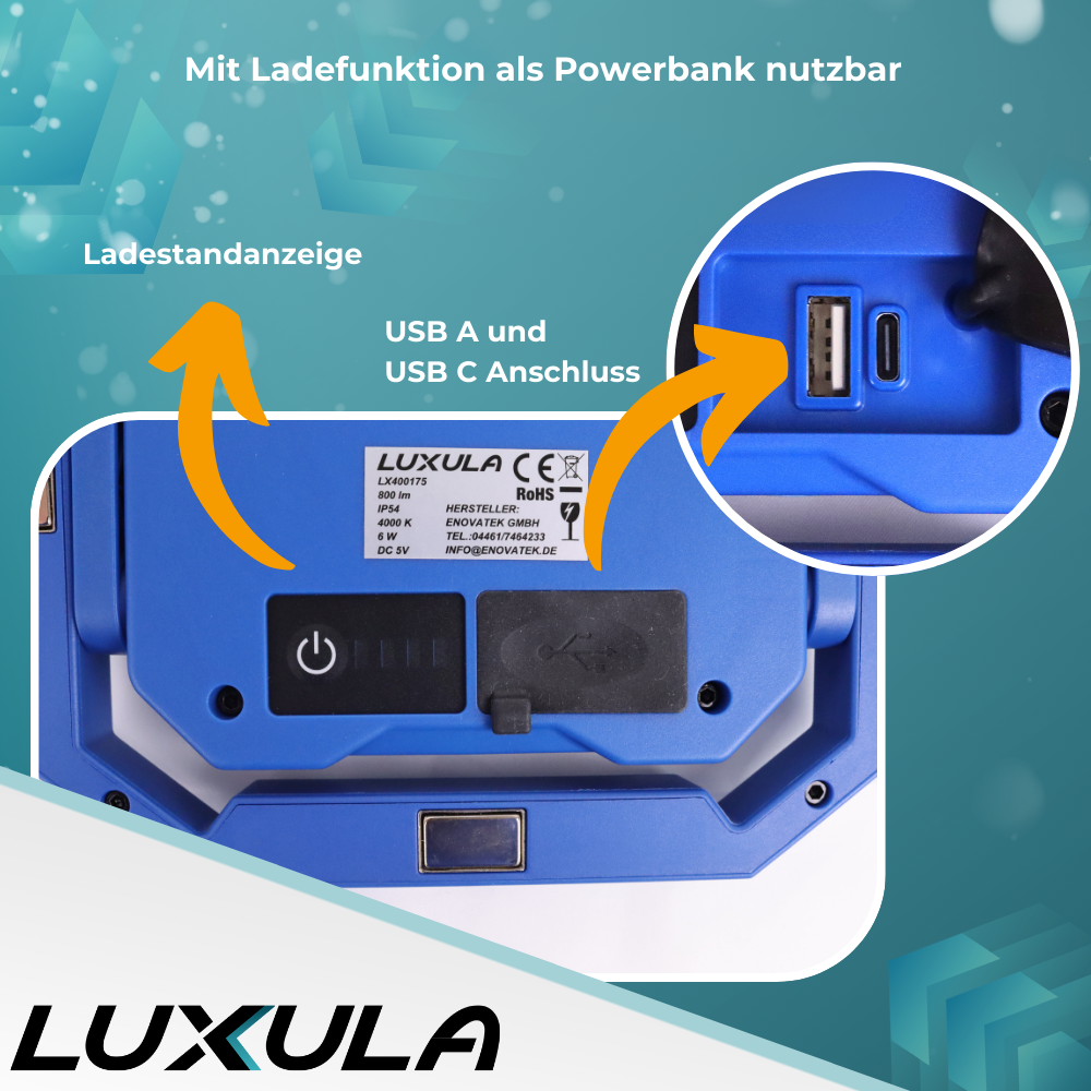 LED Baustrahler mit Akku, faltbar, 6 W, 800 lm, 4000 K (neutralweiß), IP54, 7 Stunden Lichtzeit, USB In- und Output, flexible Arbeitsleuchte.