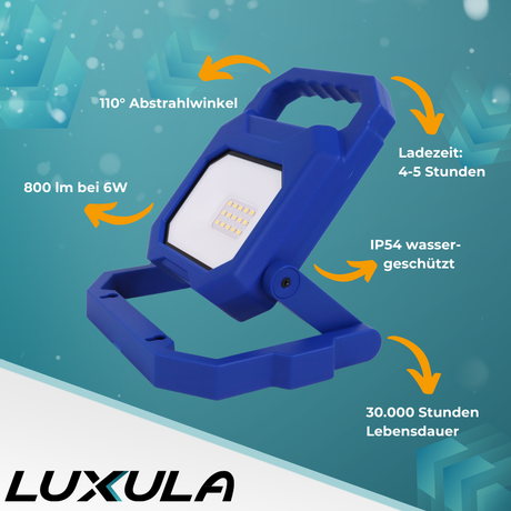 LED Baustrahler mit Akku, faltbar, 6 W, 800 lm, 4000 K (neutralweiß), IP54, 7 Stunden Lichtzeit, USB In- und Output, flexible Arbeitsleuchte.