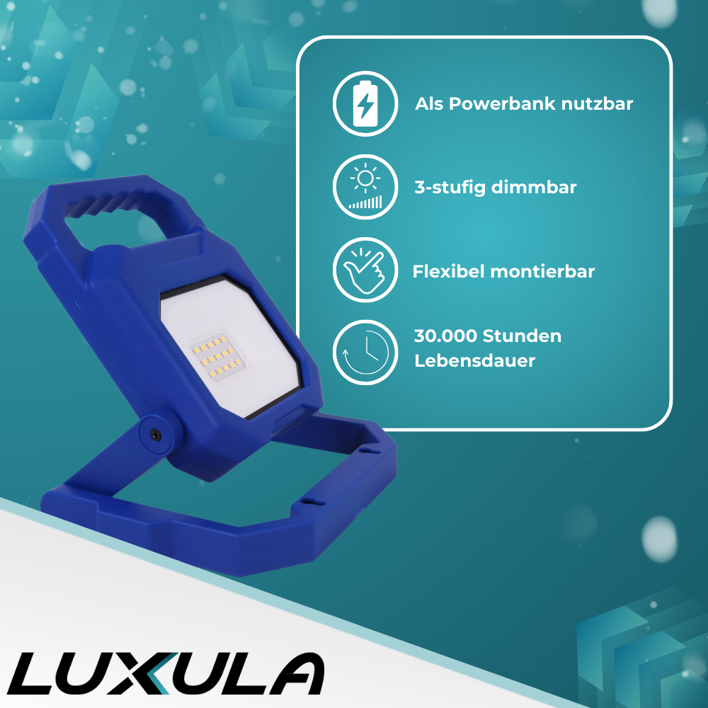 LED Baustrahler mit Akku, faltbar, 6 W, 800 lm, 4000 K (neutralweiß), IP54, 7 Stunden Lichtzeit, USB In- und Output, flexible Arbeitsleuchte.
