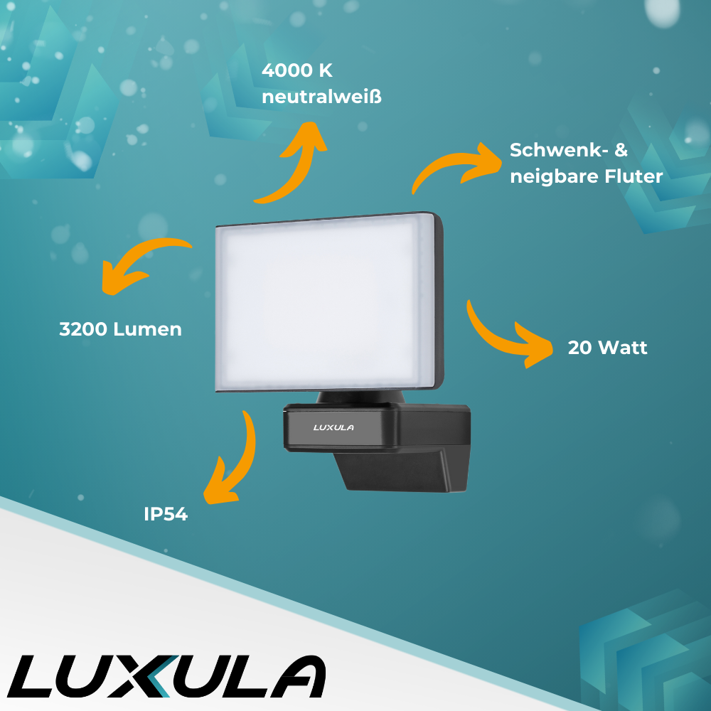 Schwenkbarer LED Fluter, 20 W, 2100 lm, 4000 K (neutralweiß), IP54, flexibler Strahler, Aluminiumdruckguss, Wandleuchte.