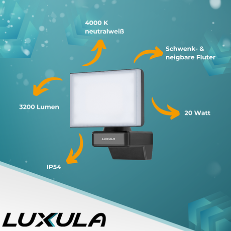 Schwenkbarer LED Fluter, 20 W, 2100 lm, 4000 K (neutralweiß), IP54, flexibler Strahler, Aluminiumdruckguss, Wandleuchte.