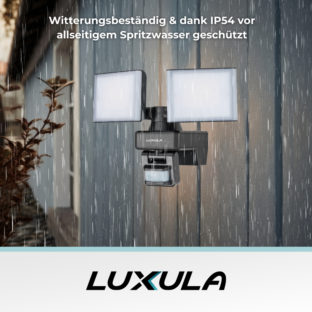 Schwenkbarer LED Fluter mit Bewegungsmelder, 2-köpfig, 2x 15 W, 3200 lm, 4000 K (neutralweiß), IP54, flexibler Strahler, Aluminiumguss, Wandleuchte.