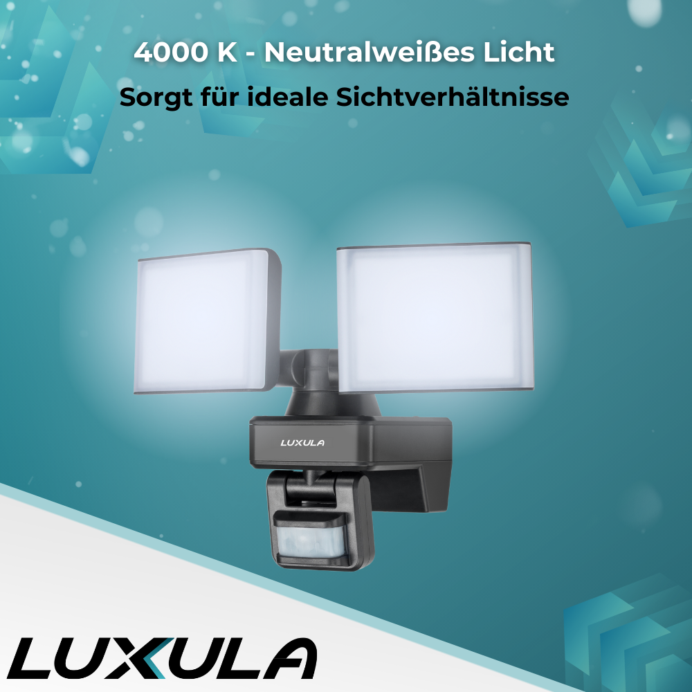Schwenkbarer LED Fluter mit Bewegungsmelder, 2-köpfig, 2x 15 W, 3200 lm, 4000 K (neutralweiß), IP54, flexibler Strahler, Aluminiumguss, Wandleuchte.