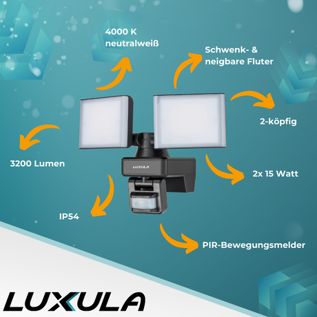 Schwenkbarer LED Fluter mit Bewegungsmelder, 2-köpfig, 2x 15 W, 3200 lm, 4000 K (neutralweiß), IP54, flexibler Strahler, Aluminiumguss, Wandleuchte.
