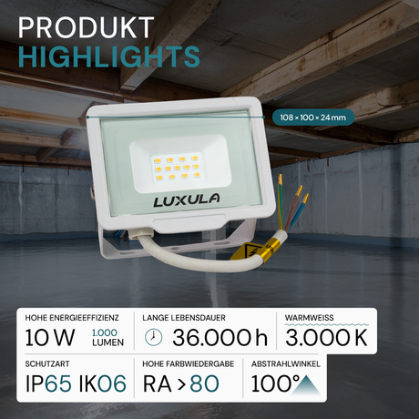 LED-Fluter, 10 W, 3000 K (warmweiß), 1000 lm, weiß, IP65.