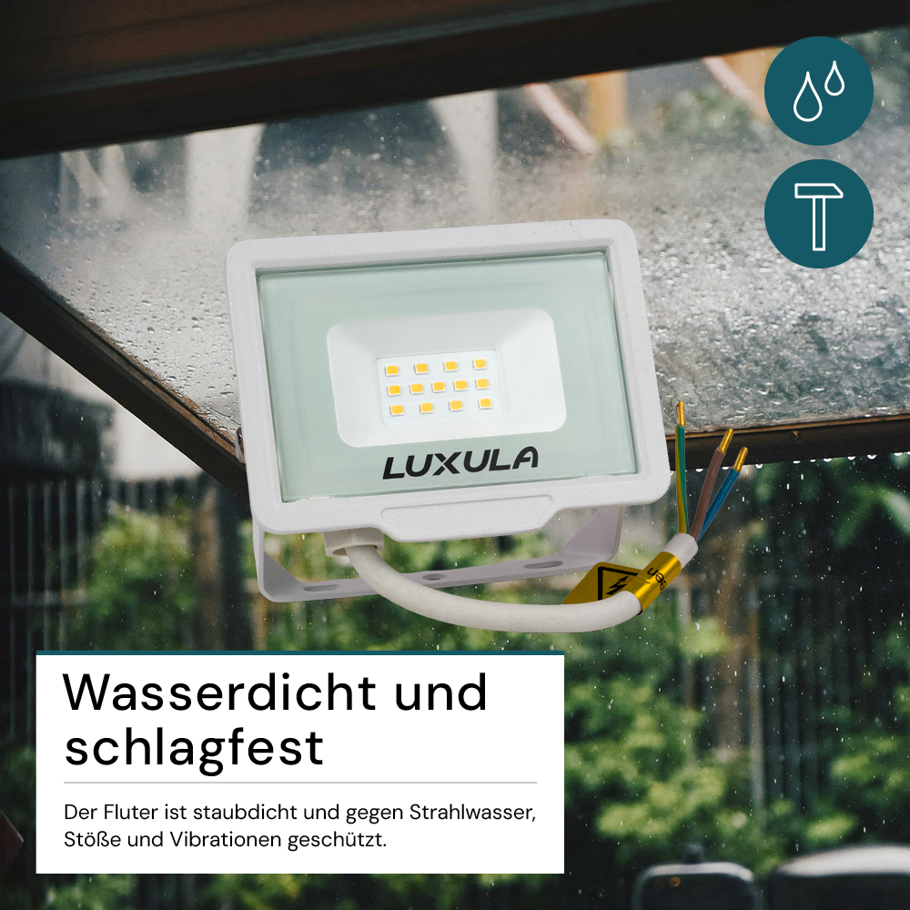 LED-Fluter, 10 W, 3000 K (warmweiß), 1000 lm, weiß, IP65.