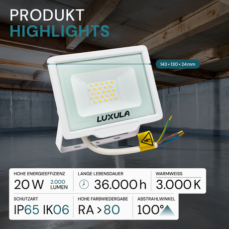 LED-Fluter, 20 W, 3000 K (warmweiß), 2000 lm, weiß, IP65.