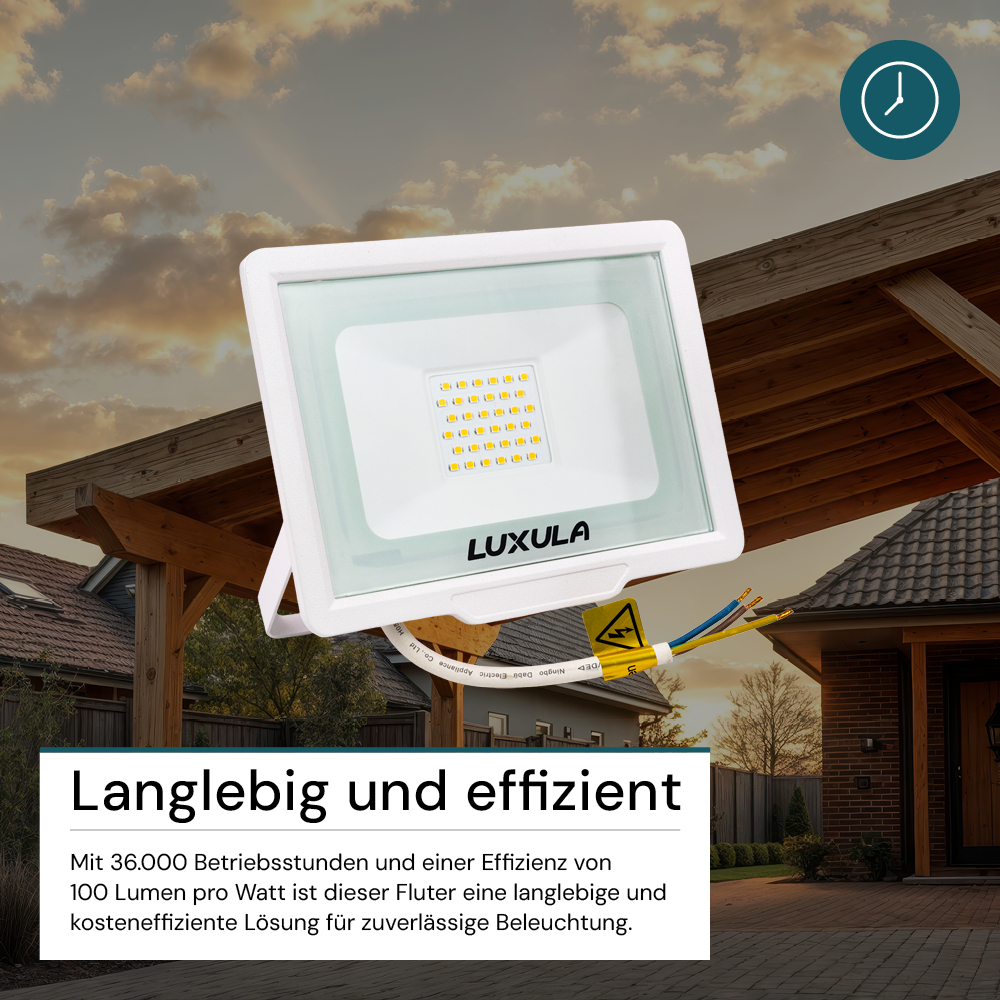 LED-Fluter, 30 W, 3000 K (warmweiß), 3000 lm, weiß, IP65.