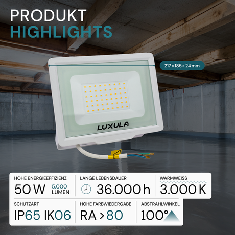 LED-Fluter, 50 W, 3000 K (warmweiß), 5000 lm, weiß, IP65.