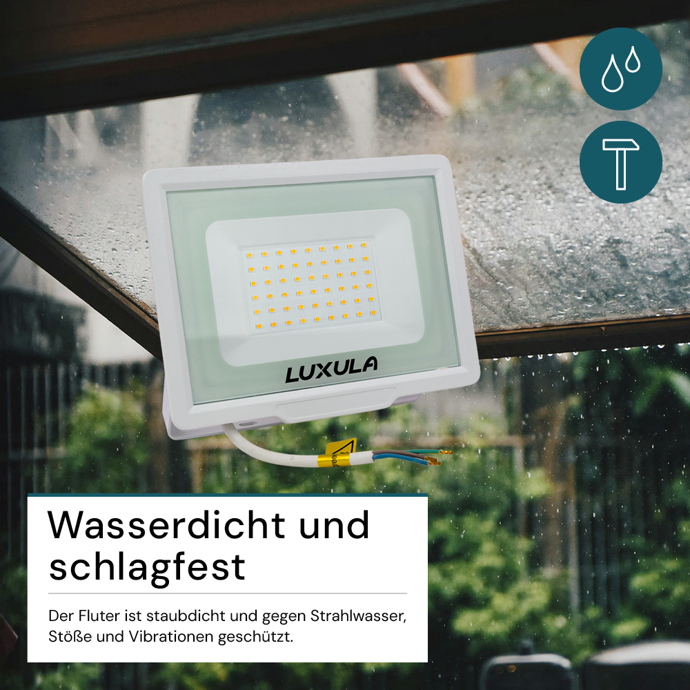 LED-Fluter, 50 W, 3000 K (warmweiß), 5000 lm, weiß, IP65.