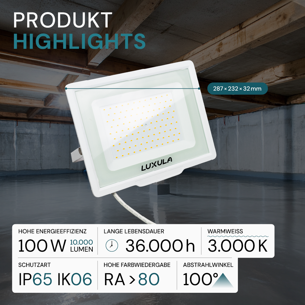 LED-Fluter, 100 W, 3000 K (warmweiß), 10000 lm, weiß, IP65.