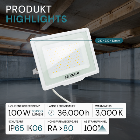 LED-Fluter, 100 W, 3000 K (warmweiß), 10000 lm, weiß, IP65.