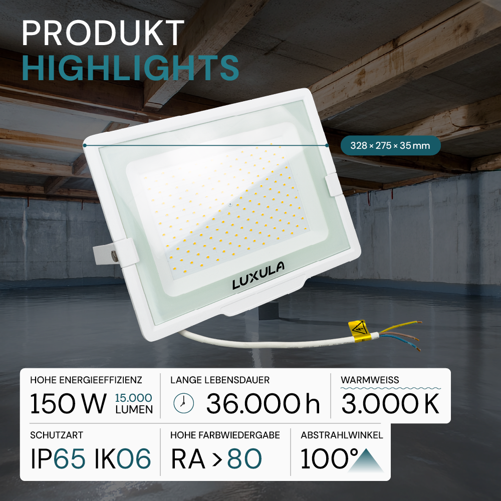 LED-Fluter, 150 W, 3000 K (warmweiß), 15000 lm, weiß, IP65.