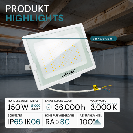 LED-Fluter, 150 W, 3000 K (warmweiß), 15000 lm, weiß, IP65.