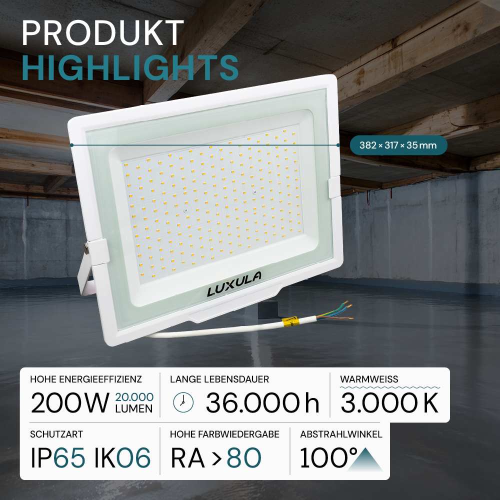 LED-Fluter, 200 W, 3000 K (warmweiß), 20000 lm, weiß, IP65.