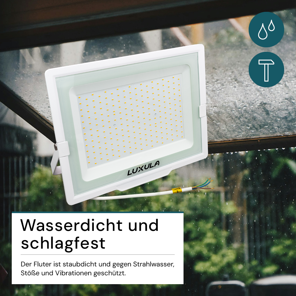 LED-Fluter, 200 W, 3000 K (warmweiß), 20000 lm, weiß, IP65.