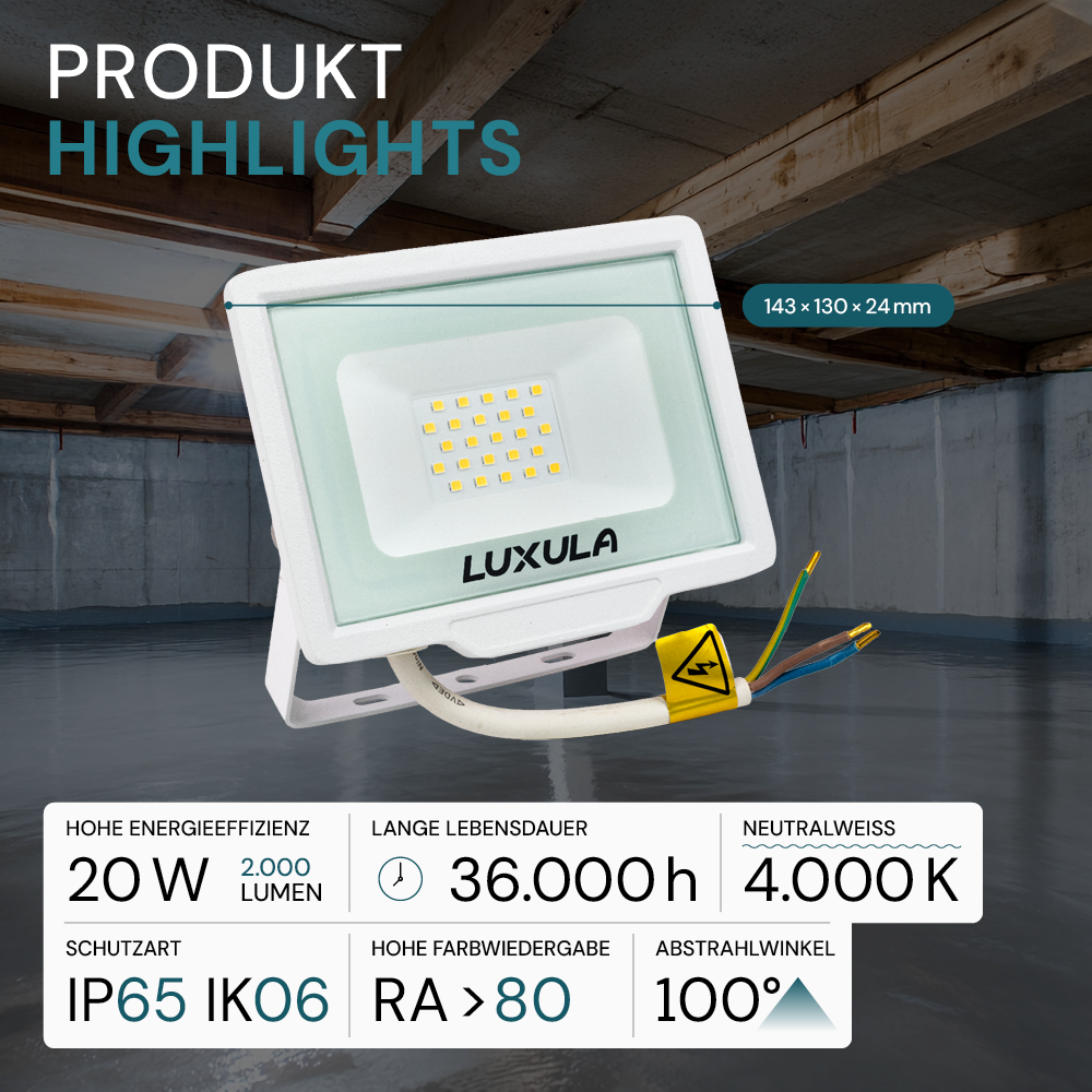 LED-Fluter, 20 W, 4000 K (neutralweiß), 2000 lm, weiß, IP65.