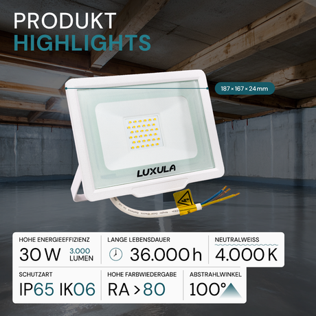 LED-Fluter, 30 W, 4000 K (neutralweiß), 3000 lm, weiß, IP65.