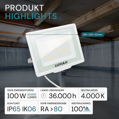 LED-Fluter, 100 W, 4000 K (neutralweiß), 10000 lm, weiß, IP65.