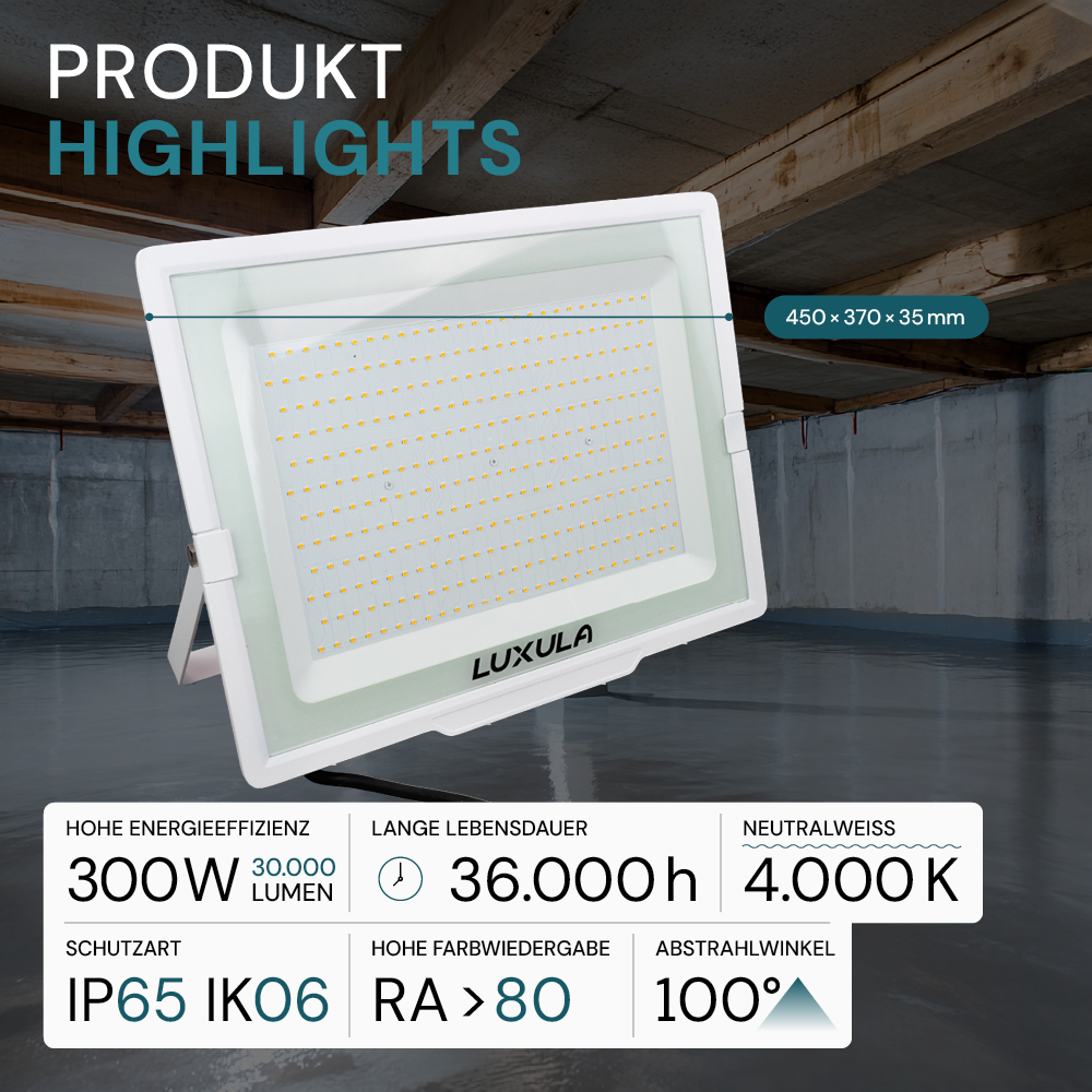 LED-Fluter, 300 W, 4000 K (neutralweiß), 30000 lm, weiß, IP65.