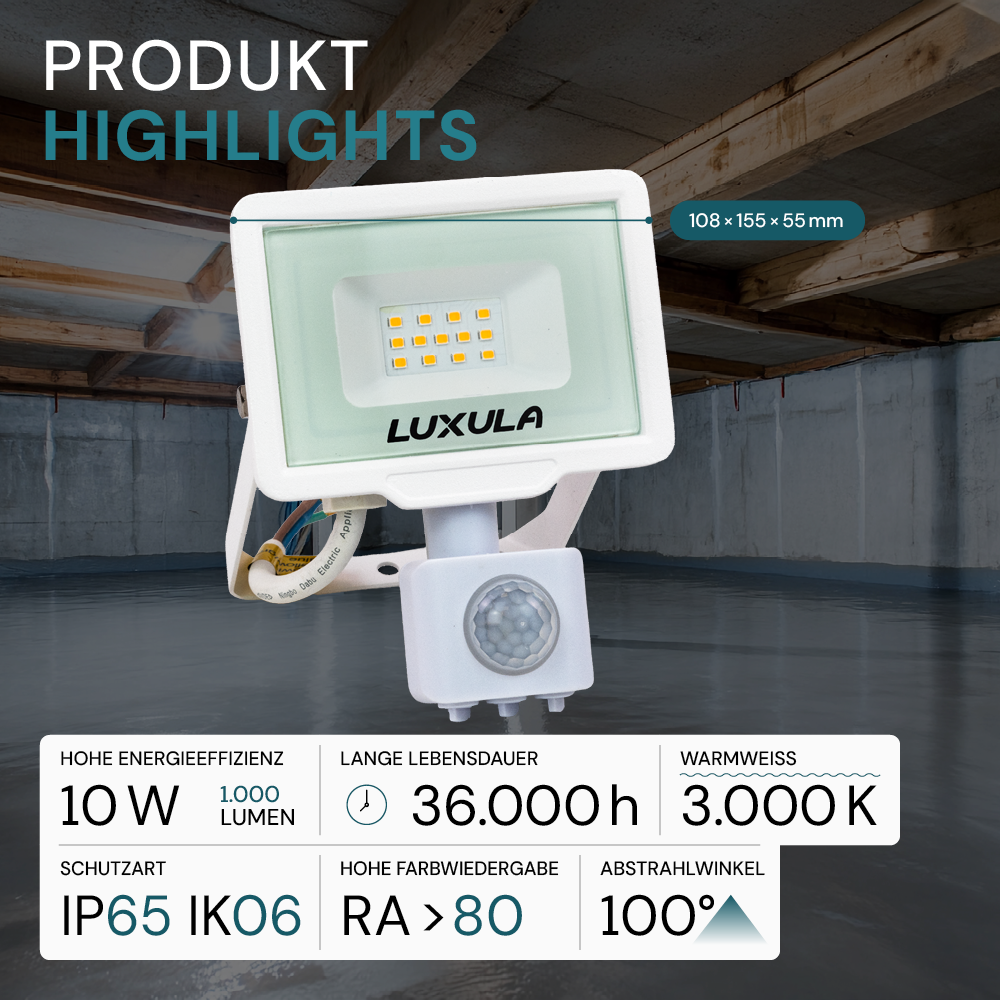 LED-Fluter mit Bewegungsmelder, 10 W, 3000 K (warmweiß), 1000 lm, weiß, IP65.