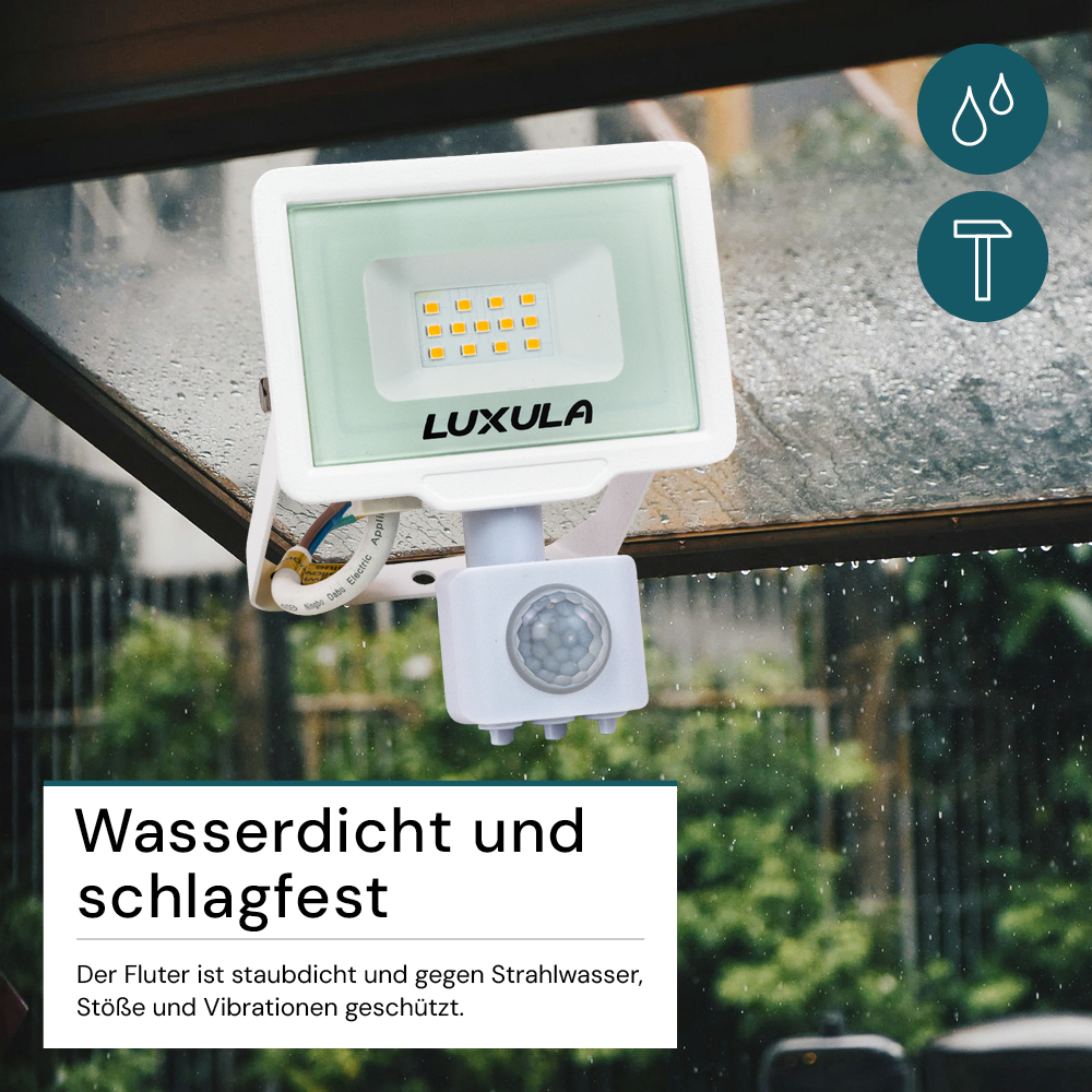 LED-Fluter mit Bewegungsmelder, 10 W, 4000 K (neutralweiß), 1000 lm, weiß, IP65.