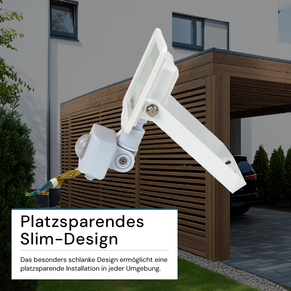 LED-Fluter mit Bewegungsmelder, 10 W, 3000 K (warmweiß), 1000 lm, weiß, IP65.