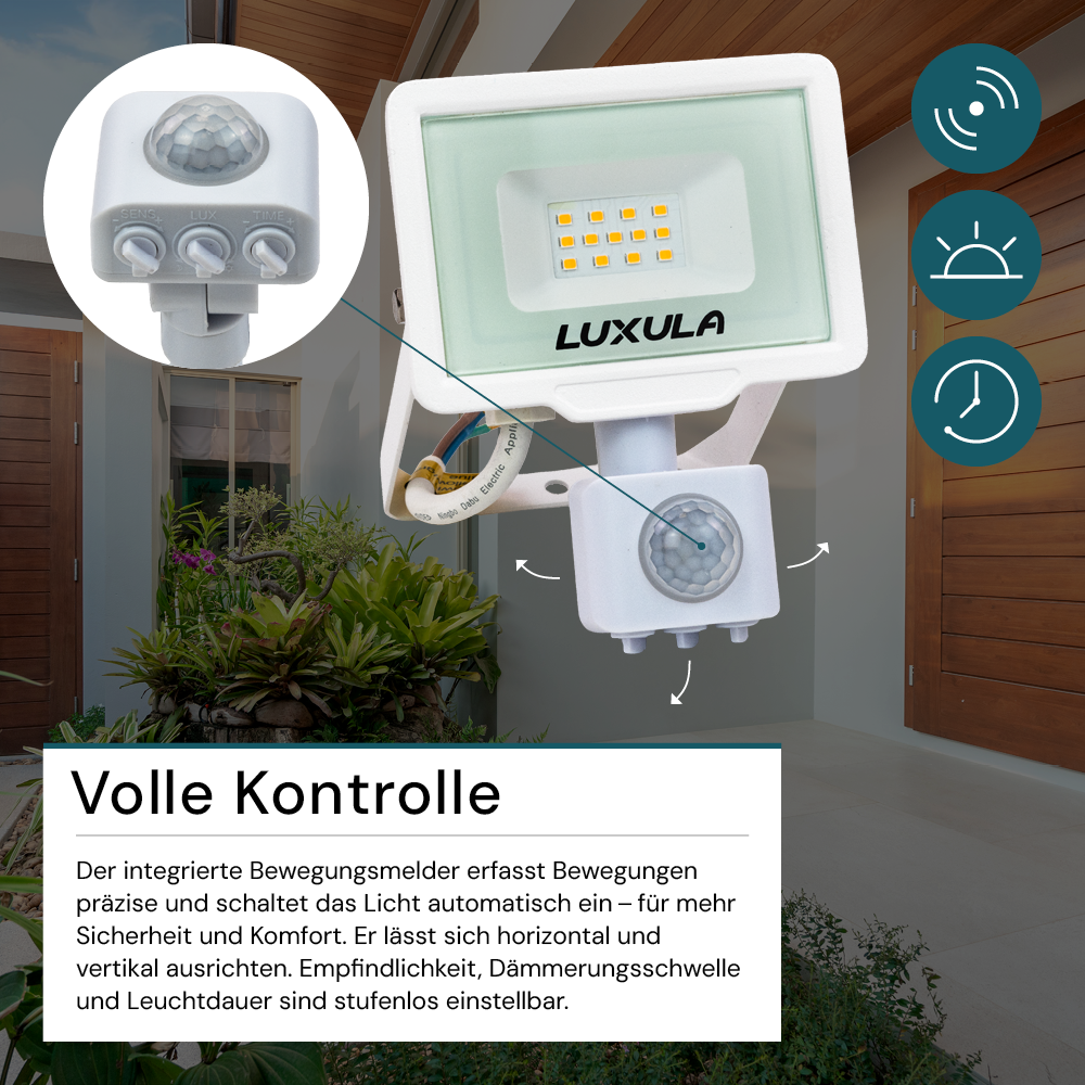 LED-Fluter mit Bewegungsmelder, 10 W, 3000 K (warmweiß), 1000 lm, weiß, IP65.