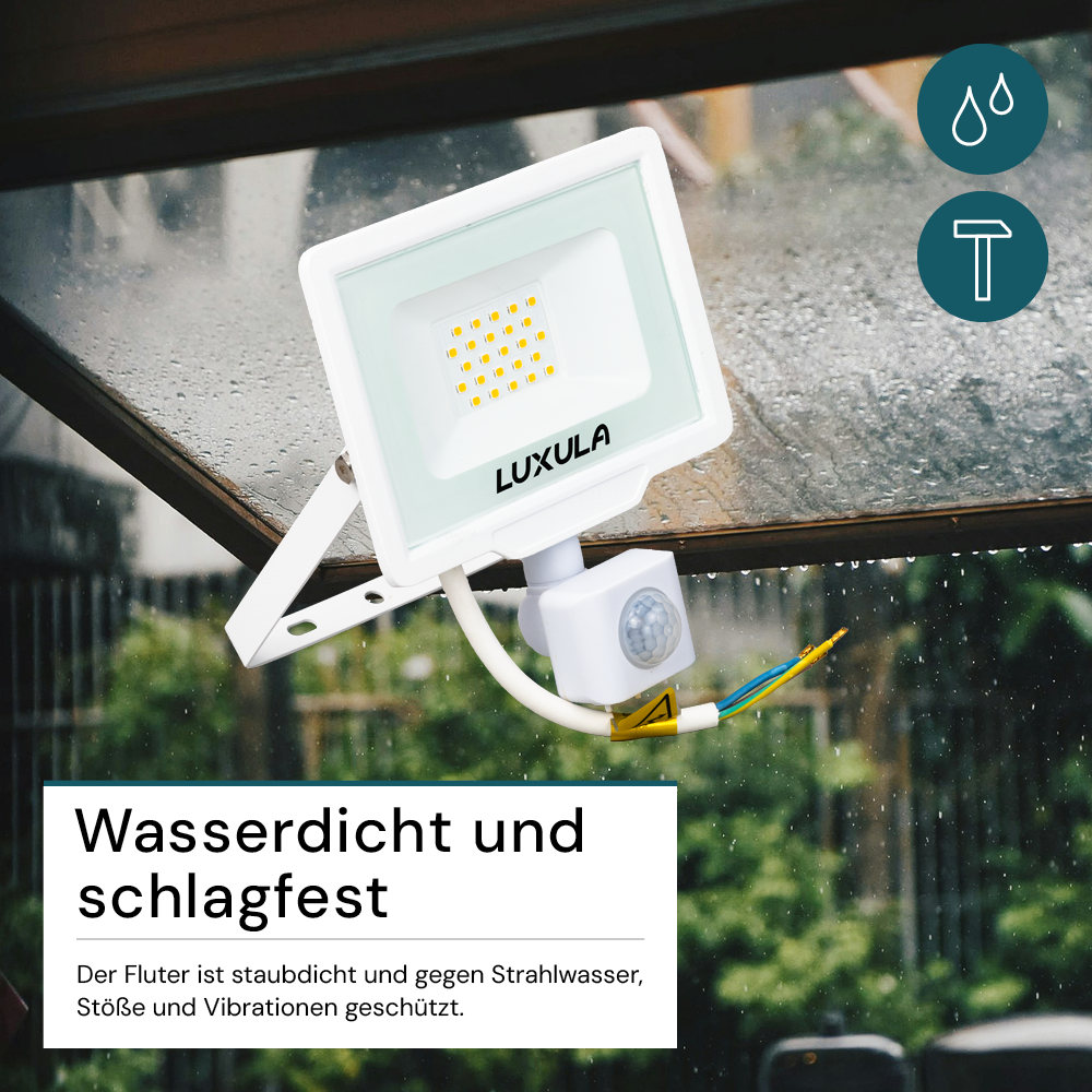 LED-Fluter mit Bewegungsmelder, 20 W, 3000 K (warmweiß), 2000 lm, weiß, IP65.