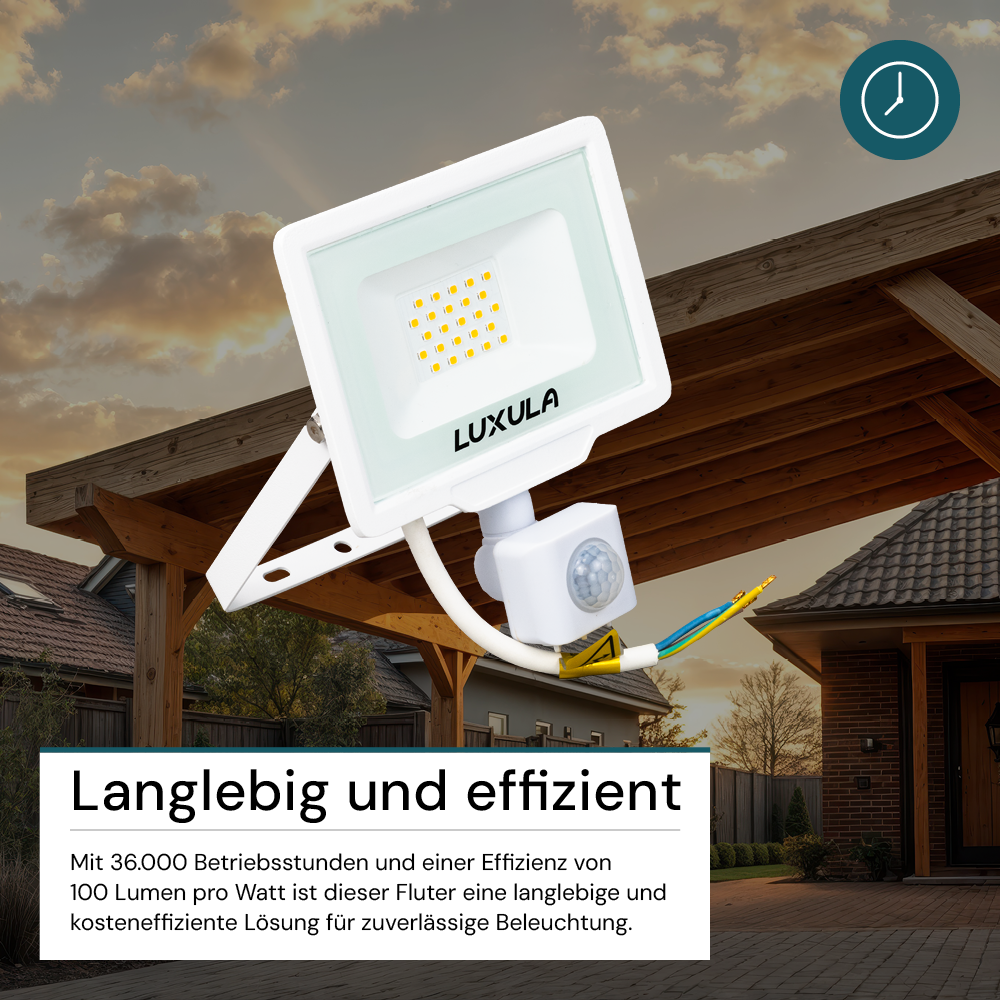 LED-Fluter mit Bewegungsmelder, 20 W, 3000 K (warmweiß), 2000 lm, weiß, IP65.