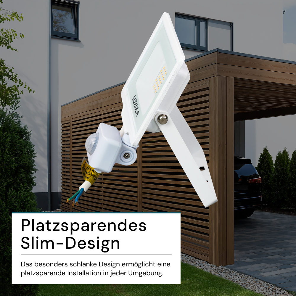 LED-Fluter mit Bewegungsmelder, 20 W, 3000 K (warmweiß), 2000 lm, weiß, IP65.