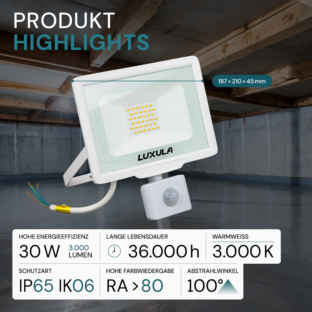 LED-Fluter mit Bewegungsmelder, 30 W, 3000 K (warmweiß), 3000 lm, weiß, IP65.