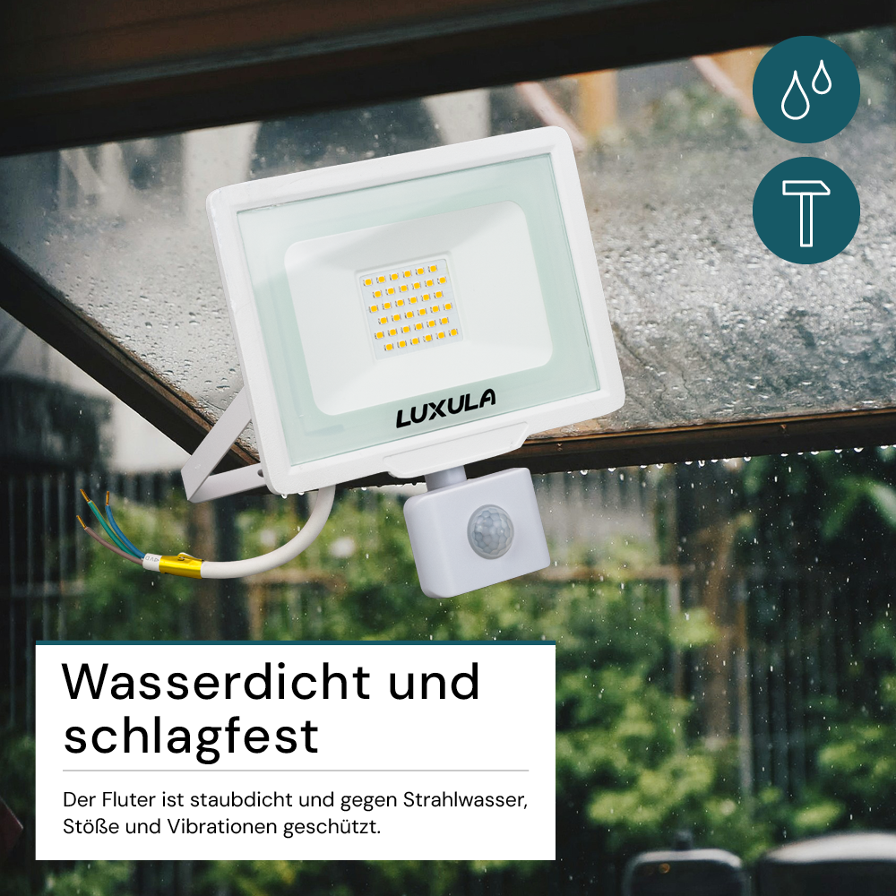 LED-Fluter mit Bewegungsmelder, 30 W, 3000 K (warmweiß), 3000 lm, weiß, IP65.