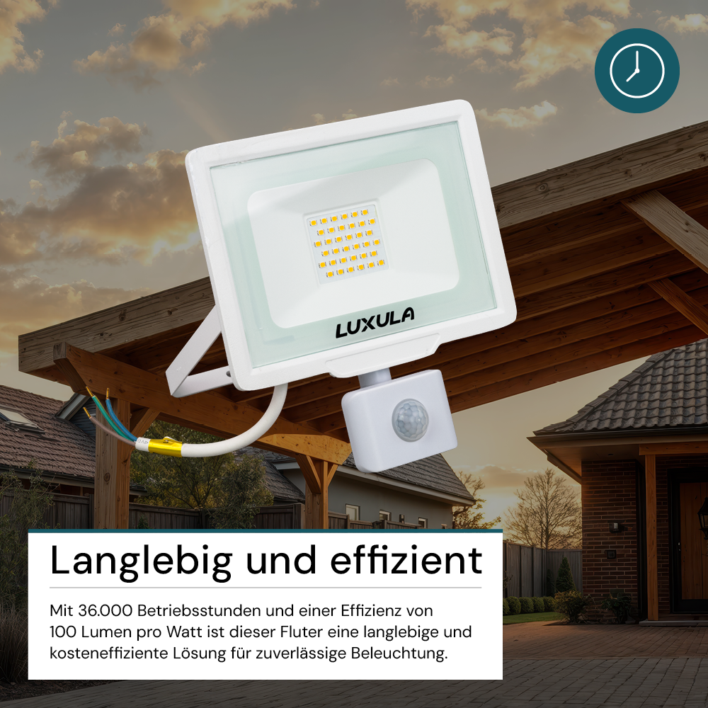 LED-Fluter mit Bewegungsmelder, 30 W, 3000 K (warmweiß), 3000 lm, weiß, IP65.