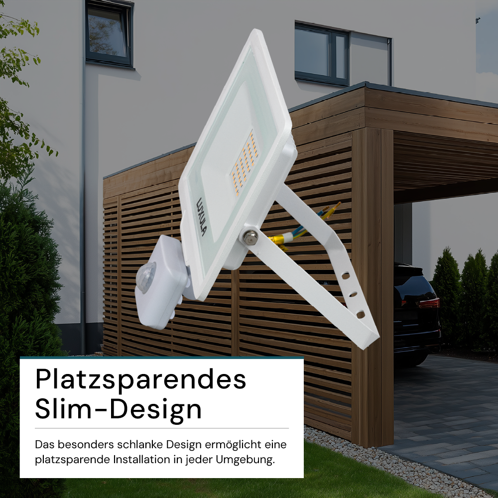 LED-Fluter mit Bewegungsmelder, 30 W, 4000 K (neutralweiß), 3000 lm, weiß, IP65.
