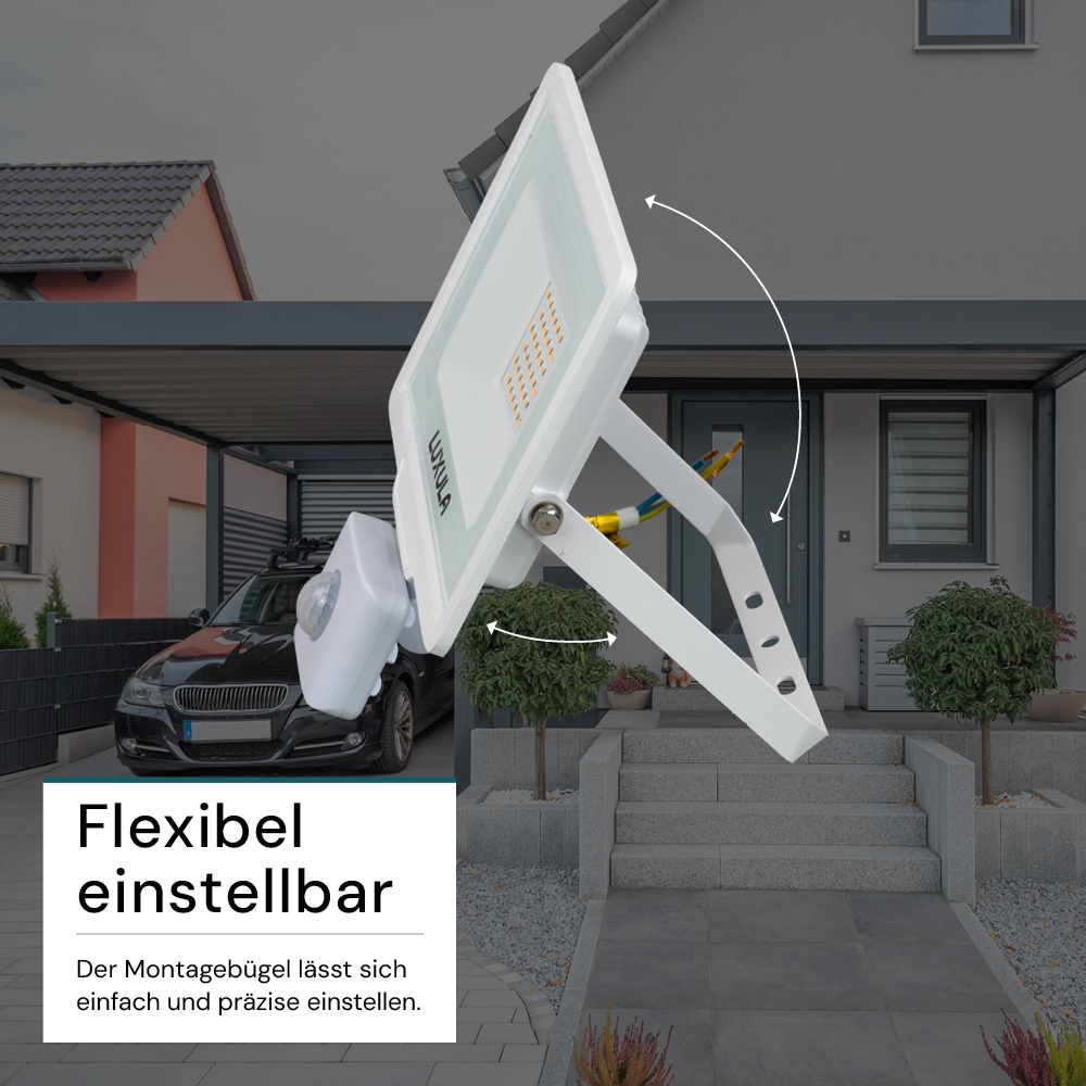 LED-Fluter mit Bewegungsmelder, 30 W, 4000 K (neutralweiß), 3000 lm, weiß, IP65.