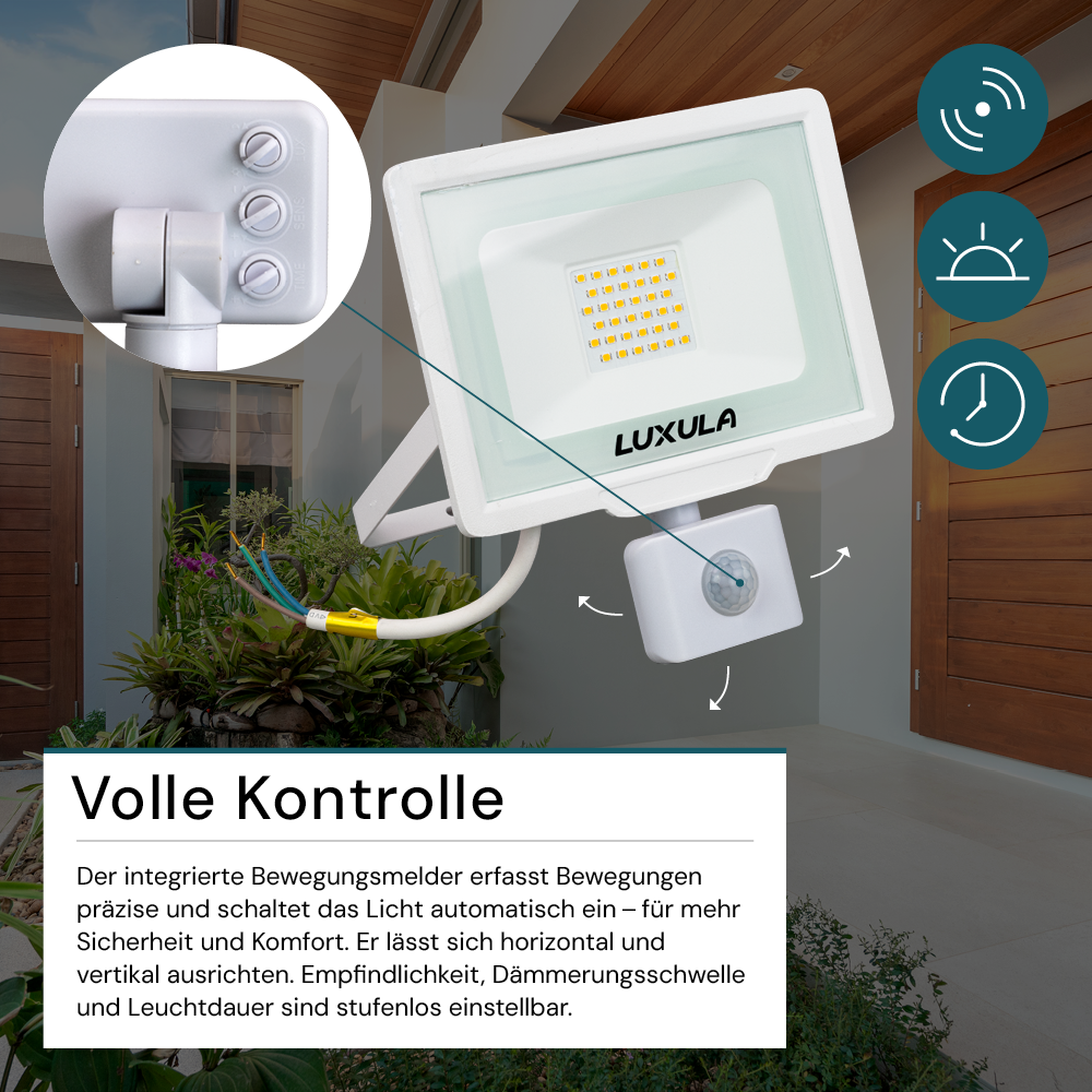 LED-Fluter mit Bewegungsmelder, 30 W, 3000 K (warmweiß), 3000 lm, weiß, IP65.