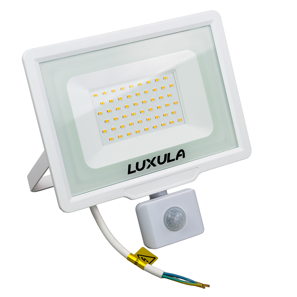 LED-Fluter mit Bewegungsmelder, 50 W, 4000 K (neutralweiß), 5000 lm, weiß, IP65.