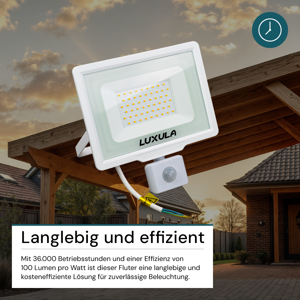 LED-Fluter mit Bewegungsmelder, 50 W, 4000 K (neutralweiß), 5000 lm, weiß, IP65.
