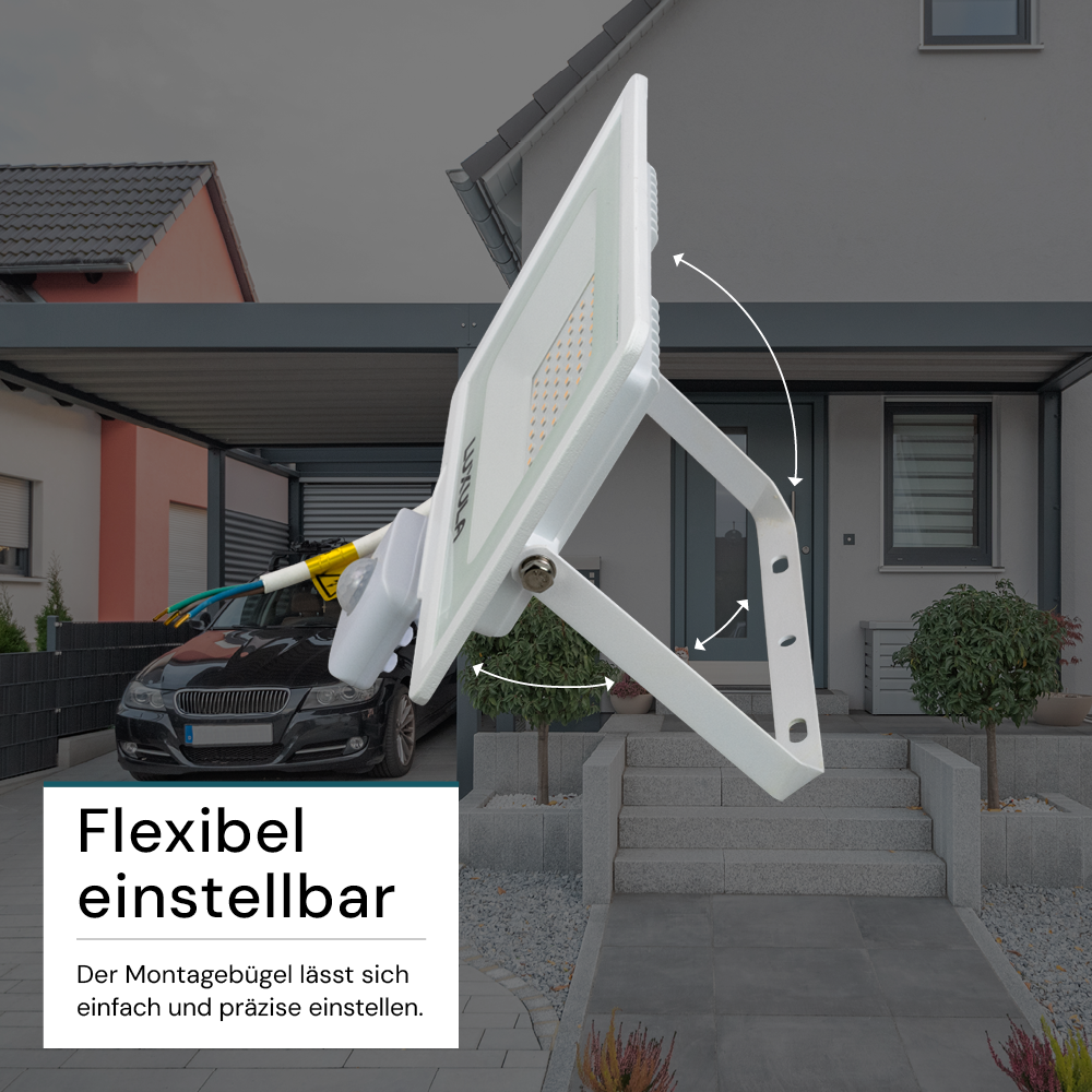 LED-Fluter mit Bewegungsmelder, 50 W, 4000 K (neutralweiß), 5000 lm, weiß, IP65.