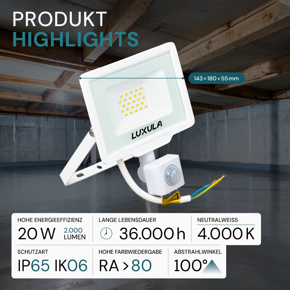 LED-Fluter mit Bewegungsmelder, 20 W, 4000 K (neutralweiß), 2000 lm, weiß, IP65.