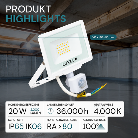 LED-Fluter mit Bewegungsmelder, 20 W, 4000 K (neutralweiß), 2000 lm, weiß, IP65.