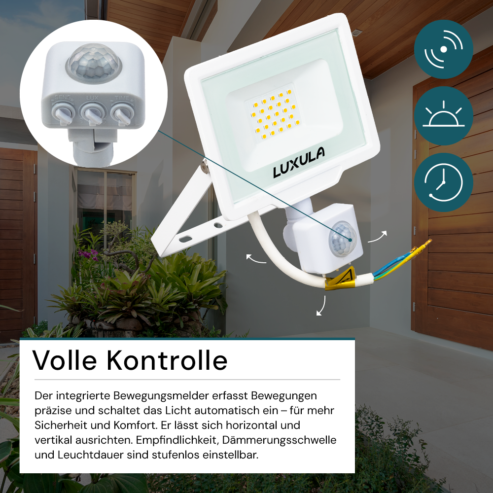 2er Pack LED-Fluter mit Bewegungsmelder, 20 W, 4000 K (neutralweiß), 2000 lm, weiß, IP65.