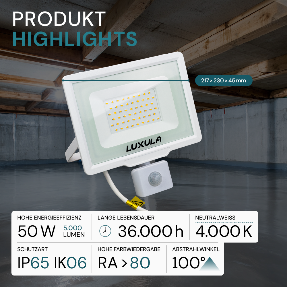 2er Pack LED-Fluter mit Bewegungsmelder, 50 W, 4000 K (neutralweiß), 5000 lm, weiß, IP65.